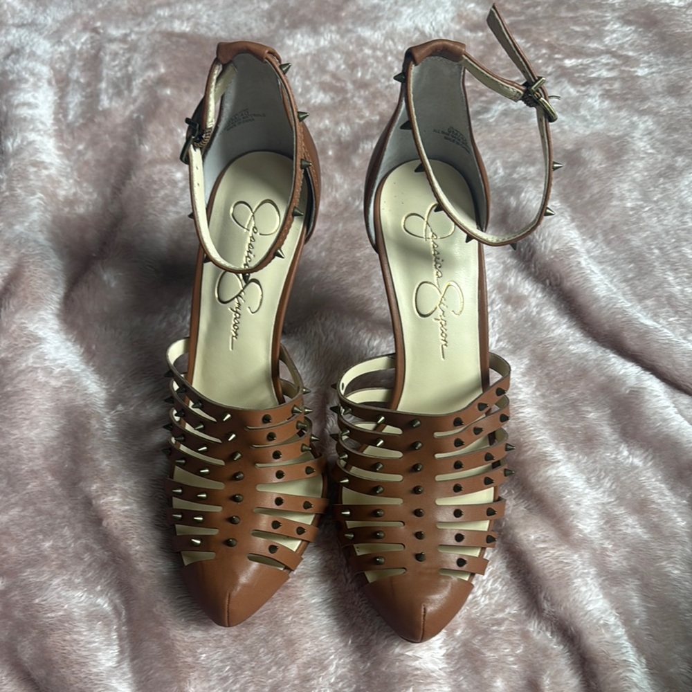Brown Studded Ankle Strap Heels